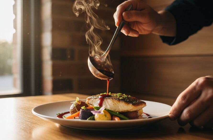 An intimate, dramatically lit close-up of a perfectly plated gourmet dish, possibly a vibrant dessert or a slow-cooked main, set on a rustic wooden table within a charming Wonga Park eatery, steam gently rising, highlighting the delicious textures and colours, embodying the skill of Capturing Wonga Park's Artisan Food Photography Essence.