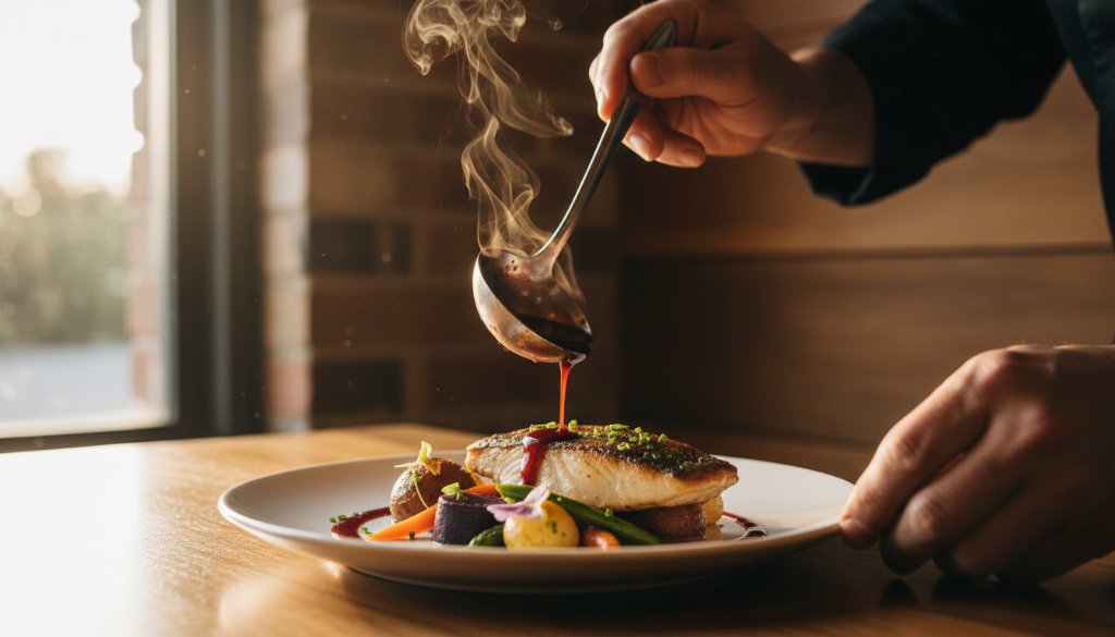 An intimate, dramatically lit close-up of a perfectly plated gourmet dish, possibly a vibrant dessert or a slow-cooked main, set on a rustic wooden table within a charming Wonga Park eatery, steam gently rising, highlighting the delicious textures and colours, embodying the skill of Capturing Wonga Park's Artisan Food Photography Essence.