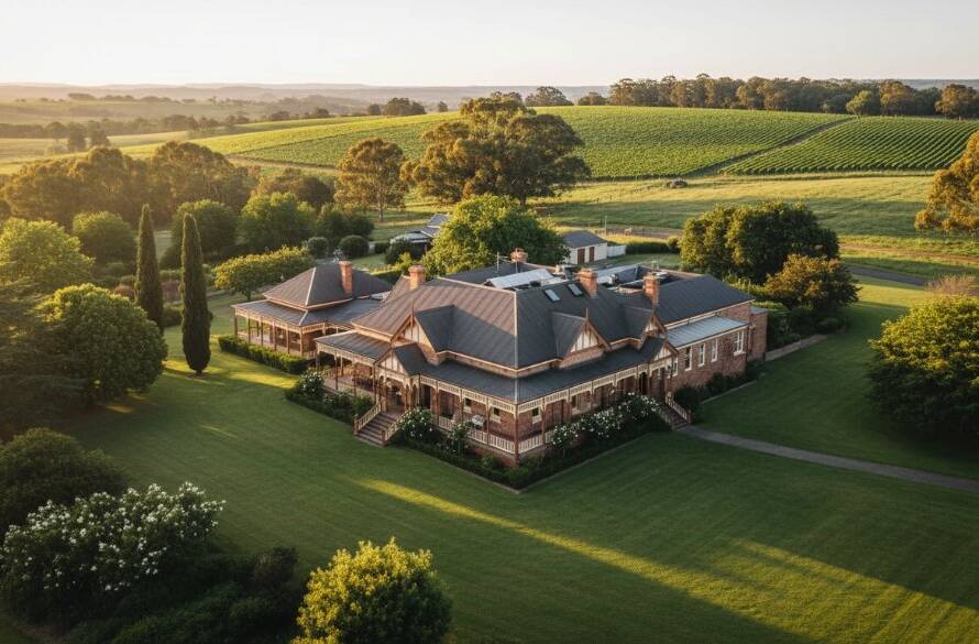 Dramatic aerial shot capturing Wonga Park's unique architectural beauty, showcasing a historic homestead at sunset with warm light, lush surroundings, and a grand, inviting facade.