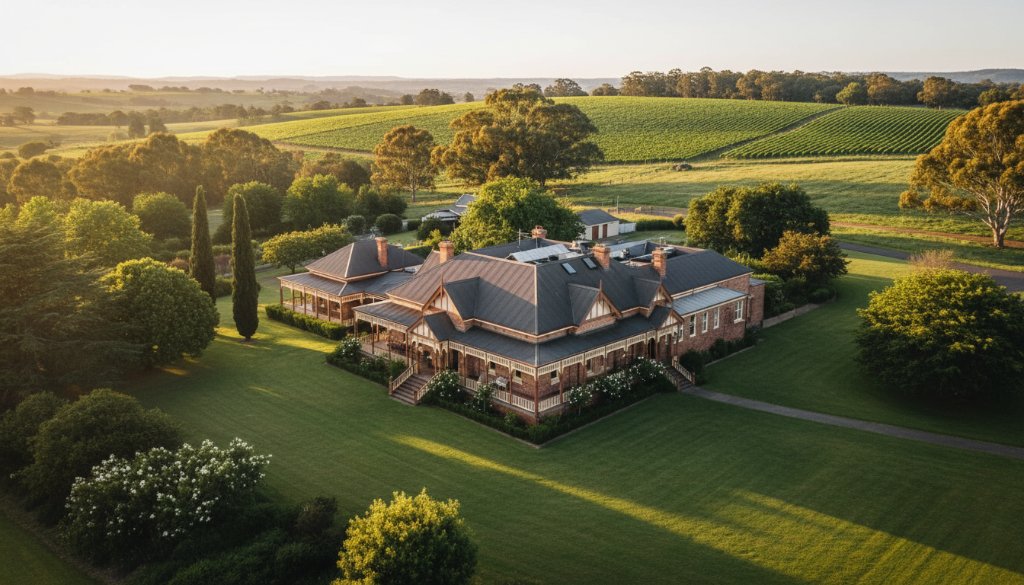 Dramatic aerial shot capturing Wonga Park's unique architectural beauty, showcasing a historic homestead at sunset with warm light, lush surroundings, and a grand, inviting facade.