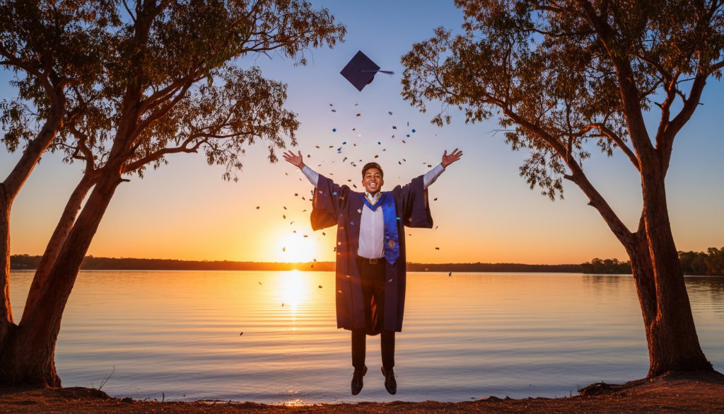 A jubilant graduate in their cap and gown, framed against the stunning sunset over Lake Mulwala, celebrating their achievement, perfectly embodying capturing Yarrawonga graduation joy photography.