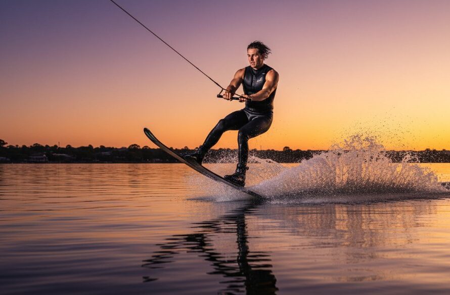 Dynamic wide-angle shot of a young athlete mid-action during a thrilling water ski jump on Lake Mulwala at sunset, showcasing the speed and exhilaration, perfectly Capturing Yarrawonga sports photography epic moments with dramatic light and professional colour grading.