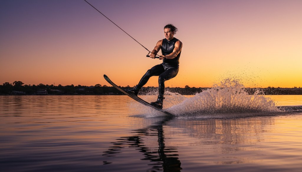 Dynamic wide-angle shot of a young athlete mid-action during a thrilling water ski jump on Lake Mulwala at sunset, showcasing the speed and exhilaration, perfectly Capturing Yarrawonga sports photography epic moments with dramatic light and professional colour grading.