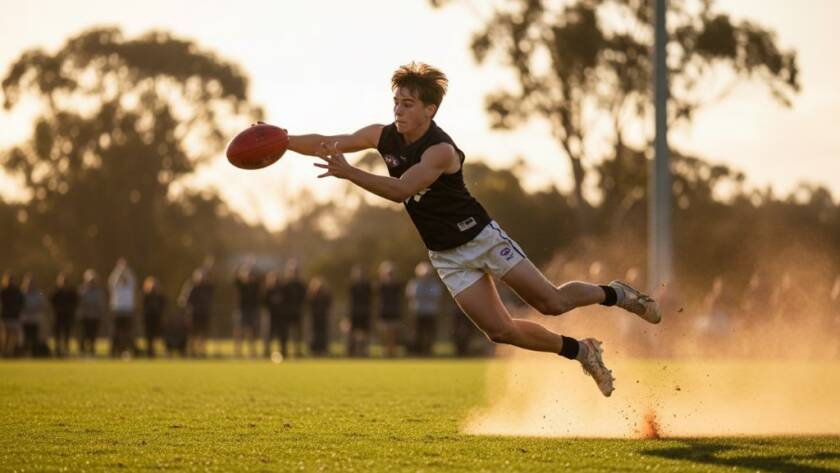 Dynamic wide shot Capturing Youth Sports in Botanic Ridge Victoria, showing a young Australian rules football player mid-kick during golden hour, with cheering spectators and blurred gum trees in the background, conveying intense focus and local community spirit.