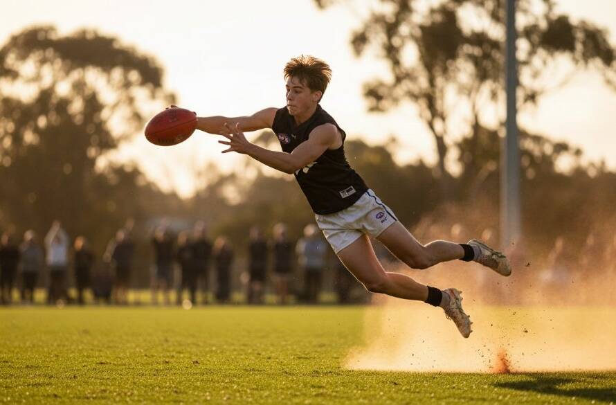 Dynamic wide shot Capturing Youth Sports in Botanic Ridge Victoria, showing a young Australian rules football player mid-kick during golden hour, with cheering spectators and blurred gum trees in the background, conveying intense focus and local community spirit.
