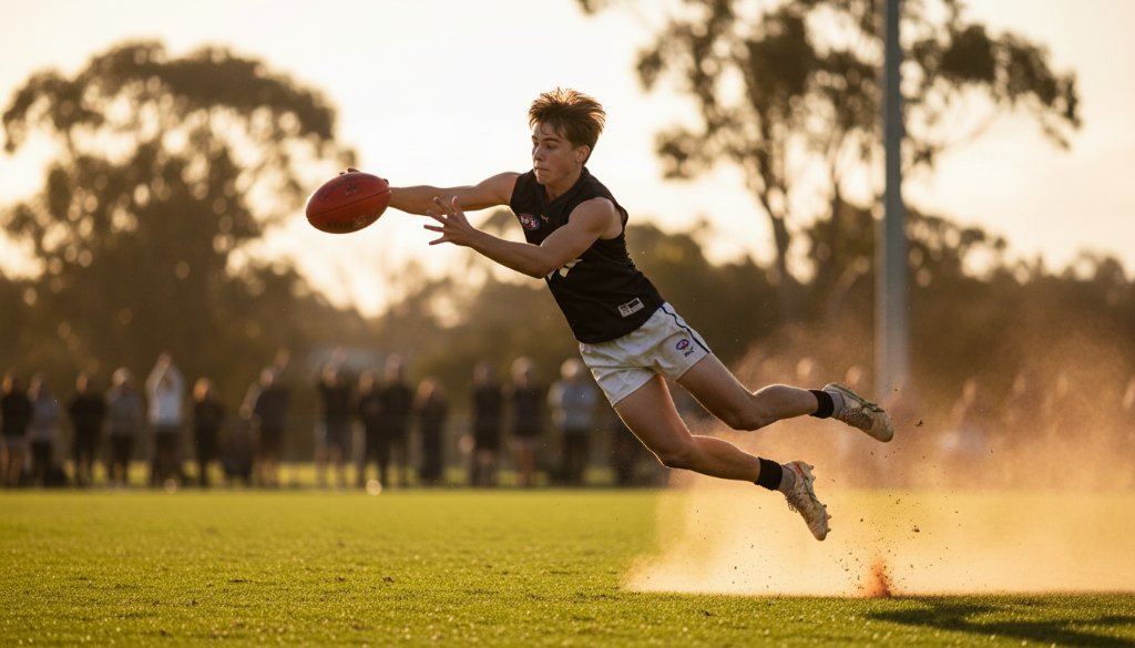 Dynamic wide shot Capturing Youth Sports in Botanic Ridge Victoria, showing a young Australian rules football player mid-kick during golden hour, with cheering spectators and blurred gum trees in the background, conveying intense focus and local community spirit.
