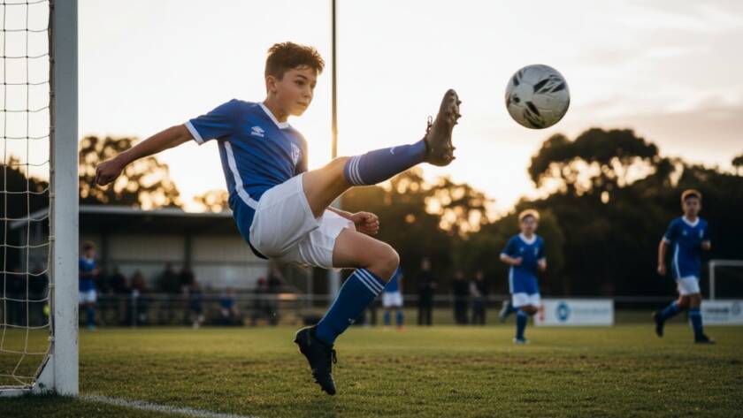 Dynamic close-up of a young athlete mid-action, triumphantly scoring in a brightly lit Bulleen sports ground, perfectly capturing youth sports photography Bulleen Victoria with dramatic lighting and professional colour grading.