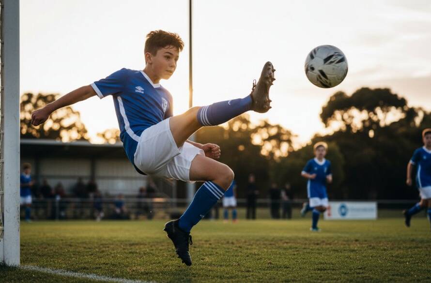 Dynamic close-up of a young athlete mid-action, triumphantly scoring in a brightly lit Bulleen sports ground, perfectly capturing youth sports photography Bulleen Victoria with dramatic lighting and professional colour grading.