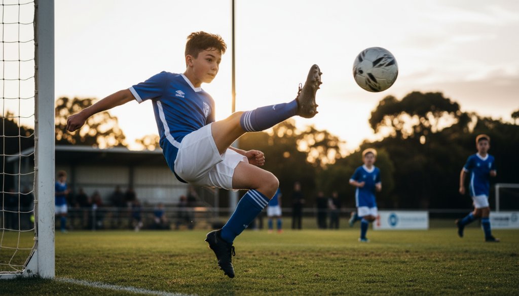 Dynamic close-up of a young athlete mid-action, triumphantly scoring in a brightly lit Bulleen sports ground, perfectly capturing youth sports photography Bulleen Victoria with dramatic lighting and professional colour grading.