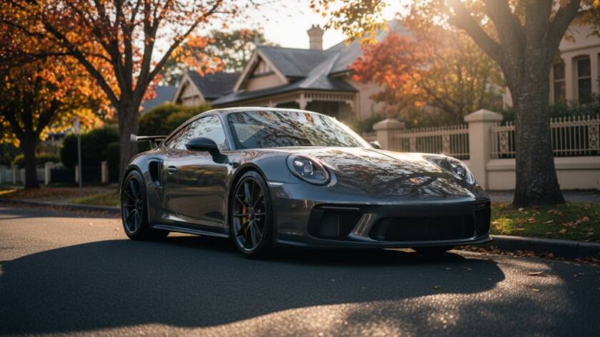 An epic moment of a classic muscle car, bathed in dramatic golden hour light, parked on a tree-lined street in Carnegie, perfectly showcasing dynamic automotive photography Carnegie vibrant streets.