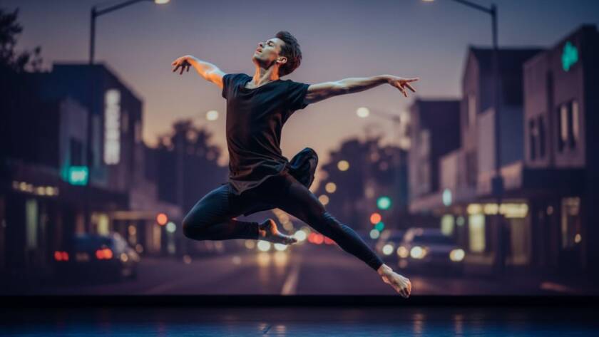 Dramatic shot of a contemporary dancer mid-air, silhouetted against a moody Carnegie streetscape at dusk, exemplifying Carnegie dance photography showcasing artistic movement, with powerful lines and dynamic energy.