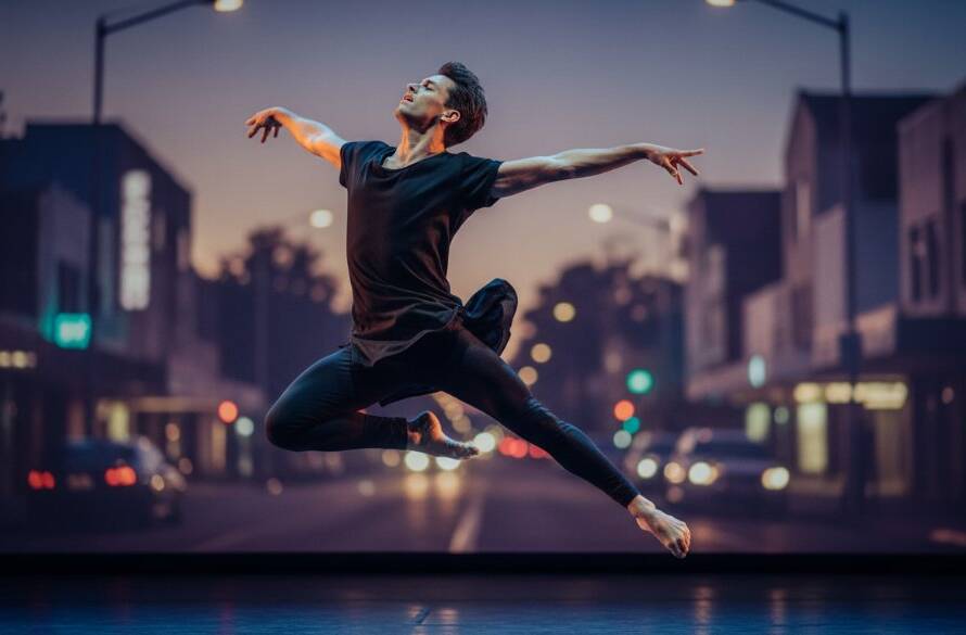 Dramatic shot of a contemporary dancer mid-air, silhouetted against a moody Carnegie streetscape at dusk, exemplifying Carnegie dance photography showcasing artistic movement, with powerful lines and dynamic energy.