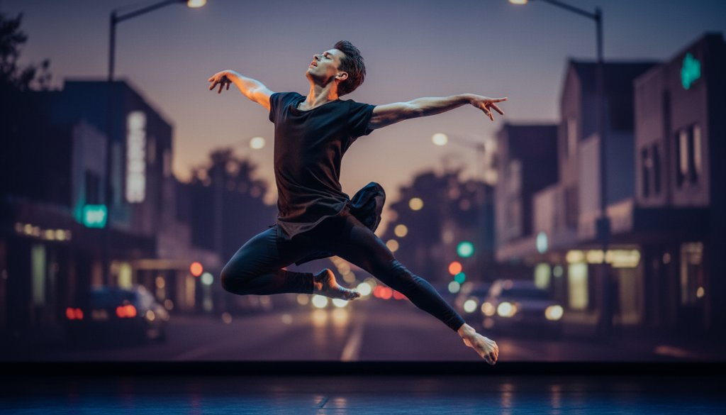 Dramatic shot of a contemporary dancer mid-air, silhouetted against a moody Carnegie streetscape at dusk, exemplifying Carnegie dance photography showcasing artistic movement, with powerful lines and dynamic energy.