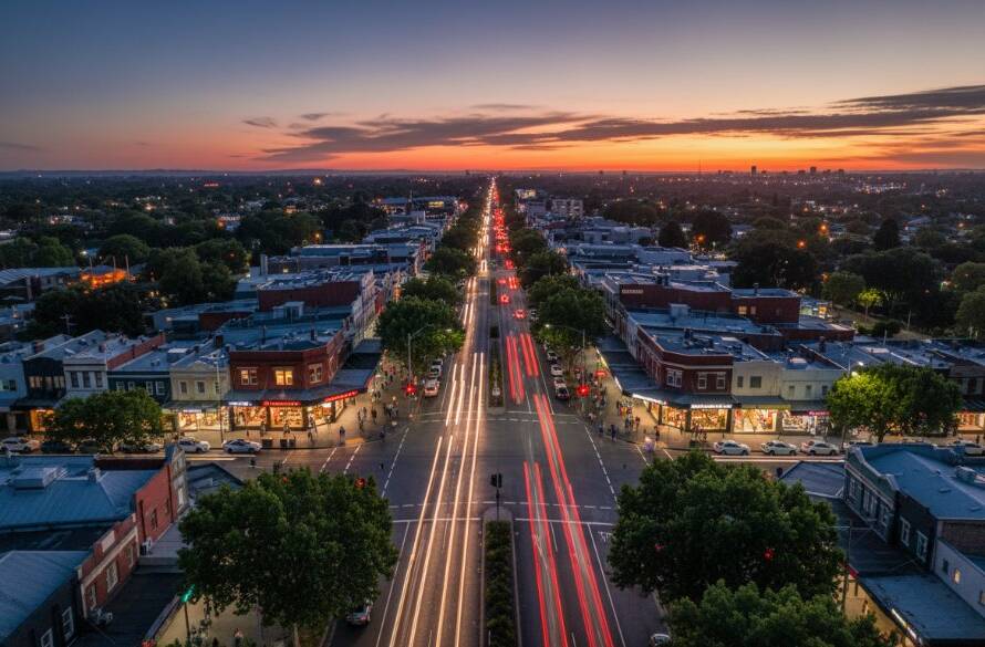 An epic, high-angle drone photograph showcasing the vibrant streetscape of Koornang Road in Carnegie at dusk, with dynamic light trails and bustling activity, capturing Carnegie drone photography vibrant views.