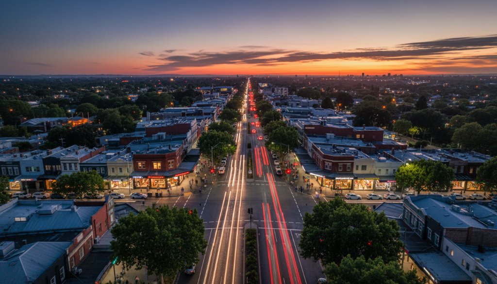 An epic, high-angle drone photograph showcasing the vibrant streetscape of Koornang Road in Carnegie at dusk, with dynamic light trails and bustling activity, capturing Carnegie drone photography vibrant views.