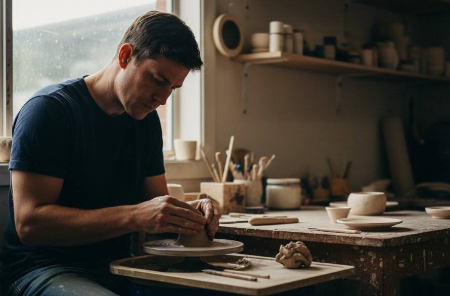 An epic moment captured through Carnegie editorial photography captivating local stories, showcasing a local artisan meticulously working on their craft in a sunlit studio, with dramatic backlighting highlighting fine details and a sense of dedication.