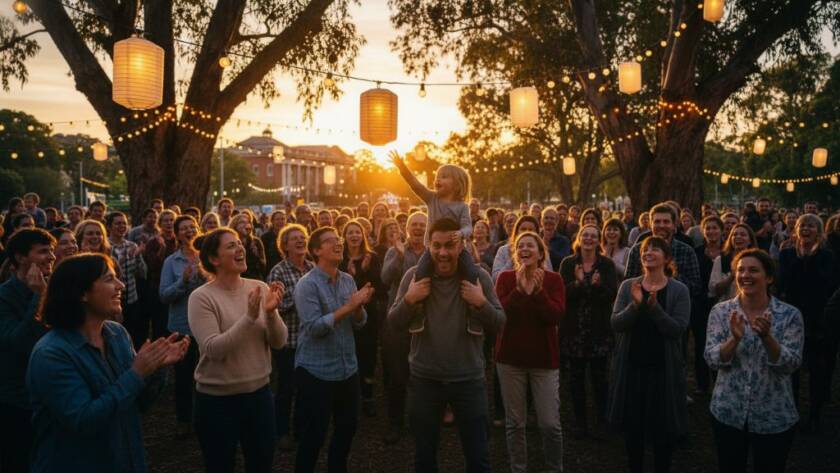 Carnegie event photography capturing authentic Melbourne moments: A wide shot capturing the joyful expressions of guests celebrating an outdoor community festival in Koornang Park, Carnegie, with vibrant fairy lights illuminating the scene at dusk, professionally color-graded.