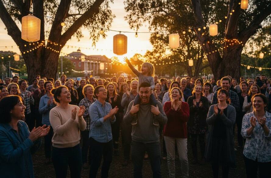 Carnegie event photography capturing authentic Melbourne moments: A wide shot capturing the joyful expressions of guests celebrating an outdoor community festival in Koornang Park, Carnegie, with vibrant fairy lights illuminating the scene at dusk, professionally color-graded.