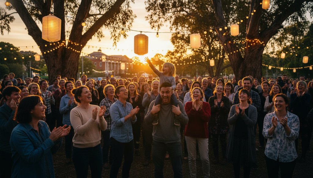 Carnegie event photography capturing authentic Melbourne moments: A wide shot capturing the joyful expressions of guests celebrating an outdoor community festival in Koornang Park, Carnegie, with vibrant fairy lights illuminating the scene at dusk, professionally color-graded.