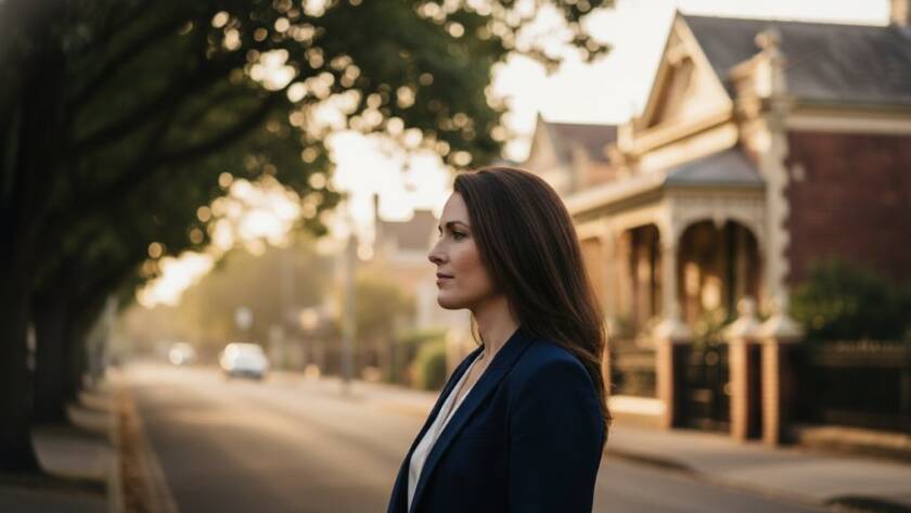 A dramatically lit fine art portrait of an individual deep in thought, set against a softly blurred backdrop of Carnegie's leafy streets at twilight, highlighting the emotional depth of Carnegie fine art photography capturing authentic narratives. Professional, color-graded, cinematic.
