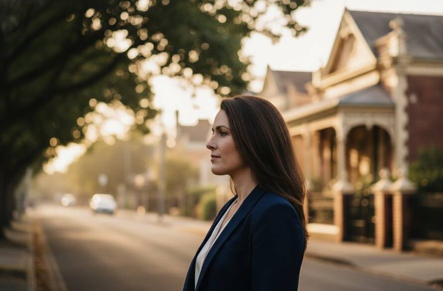 A dramatically lit fine art portrait of an individual deep in thought, set against a softly blurred backdrop of Carnegie's leafy streets at twilight, highlighting the emotional depth of Carnegie fine art photography capturing authentic narratives. Professional, color-graded, cinematic.