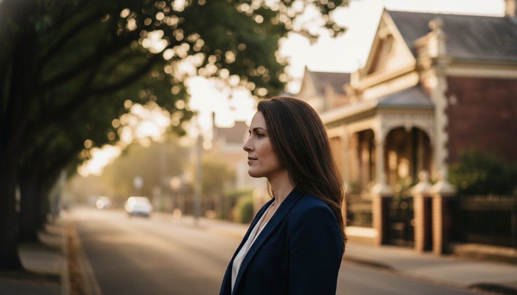A dramatically lit fine art portrait of an individual deep in thought, set against a softly blurred backdrop of Carnegie's leafy streets at twilight, highlighting the emotional depth of Carnegie fine art photography capturing authentic narratives. Professional, color-graded, cinematic.