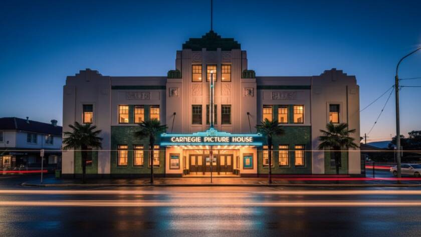 An epic moment in Carnegie heritage architecture photography, showcasing the ornate facade of a grand Art Deco building at twilight. Dramatic blue hour lighting reflects off wet pavements, highlighting intricate details and creating a cinematic, professional composition.