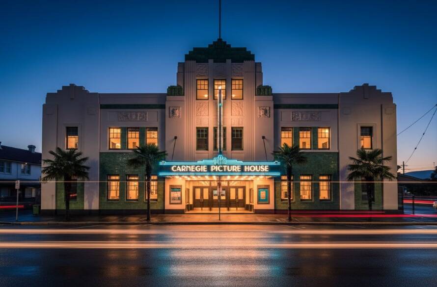 An epic moment in Carnegie heritage architecture photography, showcasing the ornate facade of a grand Art Deco building at twilight. Dramatic blue hour lighting reflects off wet pavements, highlighting intricate details and creating a cinematic, professional composition.