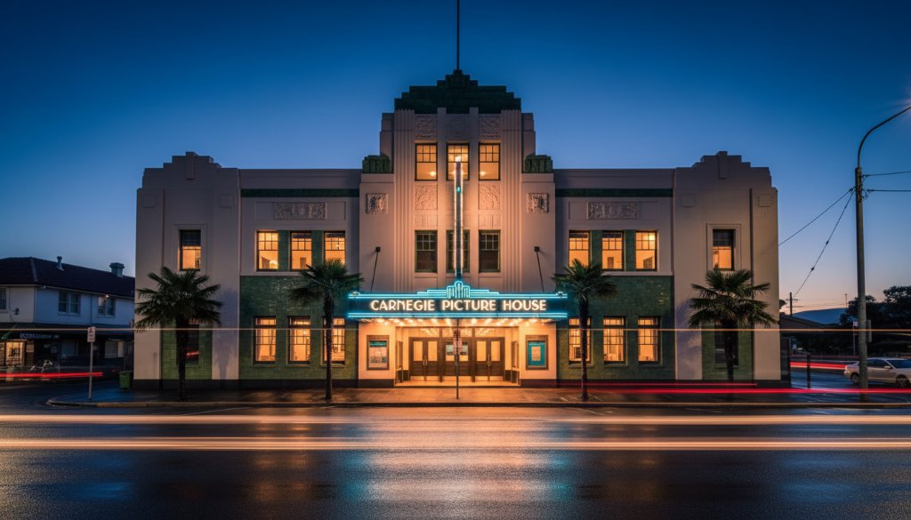 An epic moment in Carnegie heritage architecture photography, showcasing the ornate facade of a grand Art Deco building at twilight. Dramatic blue hour lighting reflects off wet pavements, highlighting intricate details and creating a cinematic, professional composition.