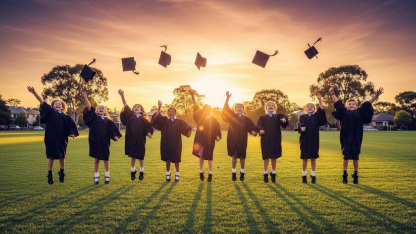 A heartwarming and dynamic shot of a group of excited primary school children in their graduation caps and gowns, throwing their caps into the air against a backdrop of the golden hour sun setting over leafy Carnegie streets, embodying the joy of Carnegie primary school graduation photography.