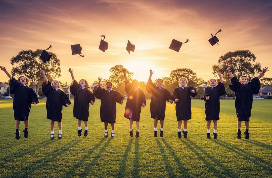 A heartwarming and dynamic shot of a group of excited primary school children in their graduation caps and gowns, throwing their caps into the air against a backdrop of the golden hour sun setting over leafy Carnegie streets, embodying the joy of Carnegie primary school graduation photography.