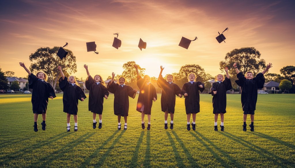 A heartwarming and dynamic shot of a group of excited primary school children in their graduation caps and gowns, throwing their caps into the air against a backdrop of the golden hour sun setting over leafy Carnegie streets, embodying the joy of Carnegie primary school graduation photography.