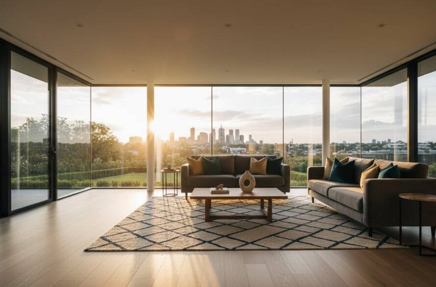 An epic, dramatically lit interior photograph showcasing a spacious, modern living area in a Carnegie property, expertly captured by Carnegie Property Photography Melbourne Experts, with evening light filtering through large windows, highlighting luxurious textures and a welcoming ambiance.