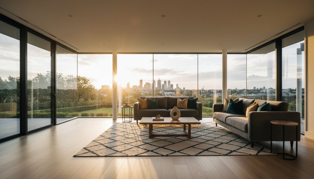 An epic, dramatically lit interior photograph showcasing a spacious, modern living area in a Carnegie property, expertly captured by Carnegie Property Photography Melbourne Experts, with evening light filtering through large windows, highlighting luxurious textures and a welcoming ambiance.