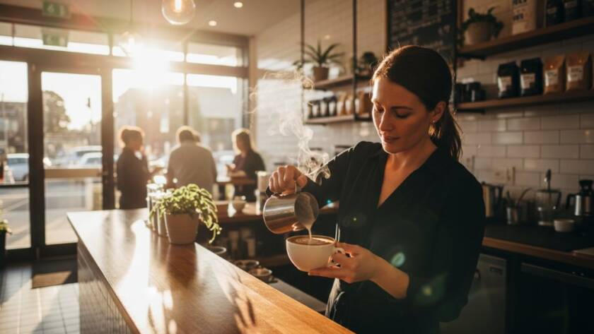 A dynamic, high-impact photograph showcasing an artisanal coffee roaster in Carnegie, Victoria, with dramatic natural light highlighting the rich aroma and handcrafted detail of their product. This captures the essence of exceptional Carnegie Victoria Advertising Photography for Local Businesses, demonstrating quality and local charm.