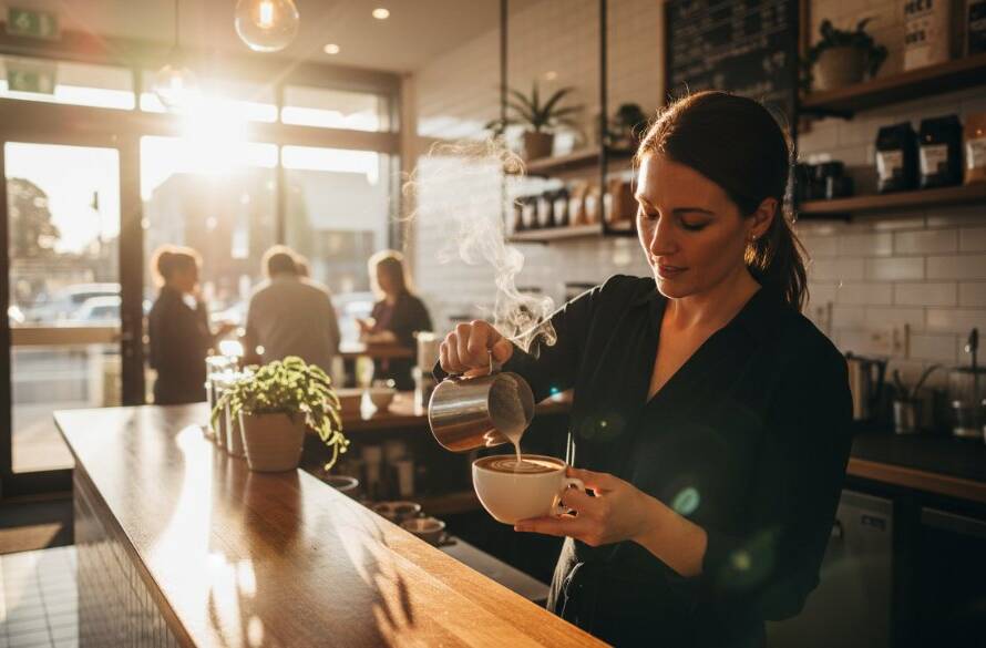 A dynamic, high-impact photograph showcasing an artisanal coffee roaster in Carnegie, Victoria, with dramatic natural light highlighting the rich aroma and handcrafted detail of their product. This captures the essence of exceptional Carnegie Victoria Advertising Photography for Local Businesses, demonstrating quality and local charm.