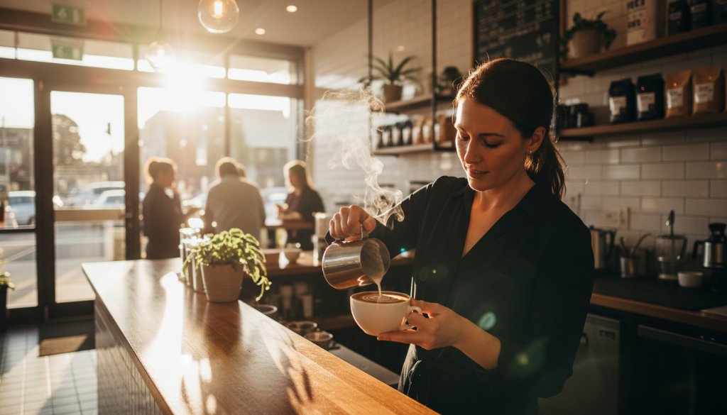 A dynamic, high-impact photograph showcasing an artisanal coffee roaster in Carnegie, Victoria, with dramatic natural light highlighting the rich aroma and handcrafted detail of their product. This captures the essence of exceptional Carnegie Victoria Advertising Photography for Local Businesses, demonstrating quality and local charm.