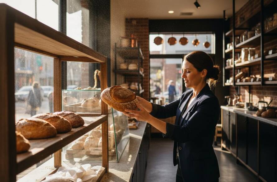 Dramatic, high-angle shot of a vibrant cafe in Koornang Road, Carnegie, capturing a barista artfully pouring coffee, illuminated by soft morning light, showcasing the dynamic energy of Carnegie Victoria commercial photography for local businesses.