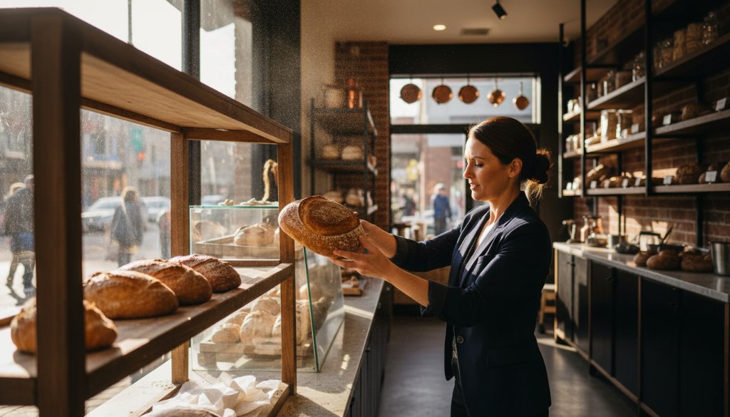 Dramatic, high-angle shot of a vibrant cafe in Koornang Road, Carnegie, capturing a barista artfully pouring coffee, illuminated by soft morning light, showcasing the dynamic energy of Carnegie Victoria commercial photography for local businesses.