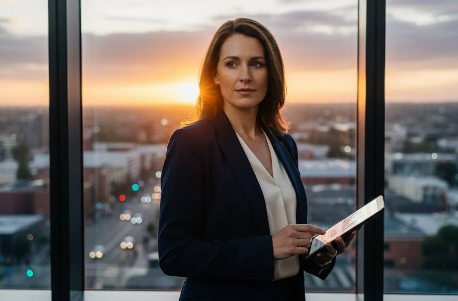 Dynamic, cinematic portrait showcasing a successful female executive in Carnegie, Victoria, during an important business negotiation, capturing the essence of Carnegie Victoria executive portraits for local businesses, with dramatic backlighting from a large office window overlooking a bustling Carnegie streetscape at dusk, a determined expression on her face, professional color grading, and shallow depth of field.