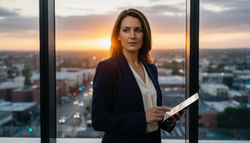 Dynamic, cinematic portrait showcasing a successful female executive in Carnegie, Victoria, during an important business negotiation, capturing the essence of Carnegie Victoria executive portraits for local businesses, with dramatic backlighting from a large office window overlooking a bustling Carnegie streetscape at dusk, a determined expression on her face, professional color grading, and shallow depth of field.