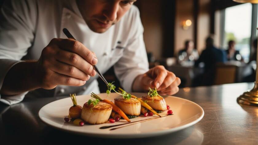 Close-up, dramatic shot of a chef's hands delicately plating a gourmet dish, illuminated by a warm, golden spotlight in a bustling Carnegie restaurant kitchen, showcasing the artistry of Carnegie Victoria restaurant menu photography excellence.