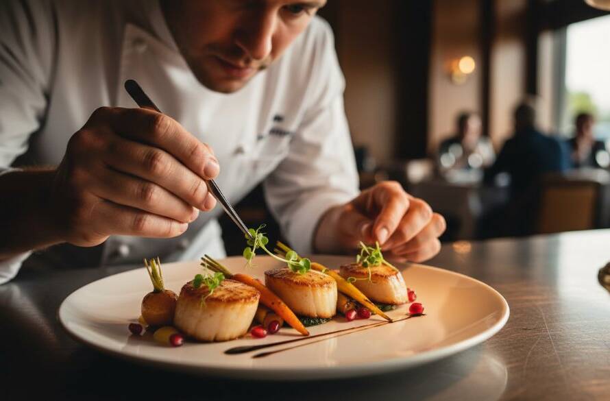 Close-up, dramatic shot of a chef's hands delicately plating a gourmet dish, illuminated by a warm, golden spotlight in a bustling Carnegie restaurant kitchen, showcasing the artistry of Carnegie Victoria restaurant menu photography excellence.