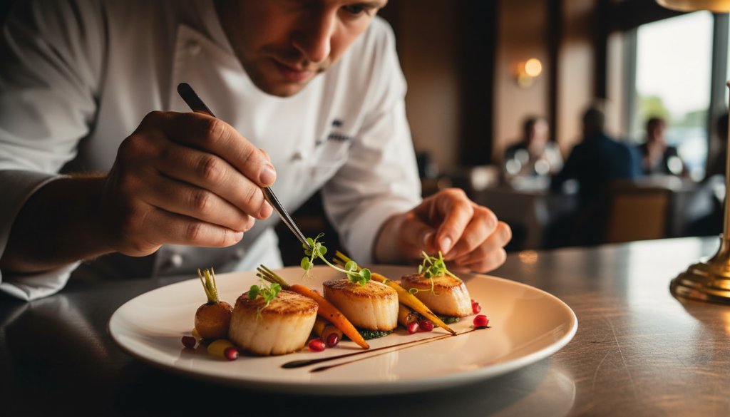 Close-up, dramatic shot of a chef's hands delicately plating a gourmet dish, illuminated by a warm, golden spotlight in a bustling Carnegie restaurant kitchen, showcasing the artistry of Carnegie Victoria restaurant menu photography excellence.