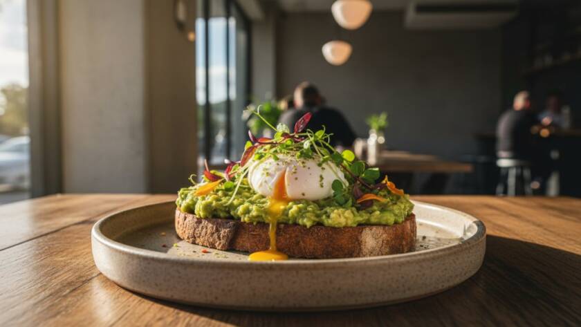 A stunning close-up shot of a beautifully plated brunch dish, possibly avocado toast with a perfectly poached egg and vibrant garnishes, captured with dramatic natural light streaming through a window in a chic Caroline Springs cafe, highlighting the textures and colours to demonstrate how Caroline Springs café food photography elevates local dining.