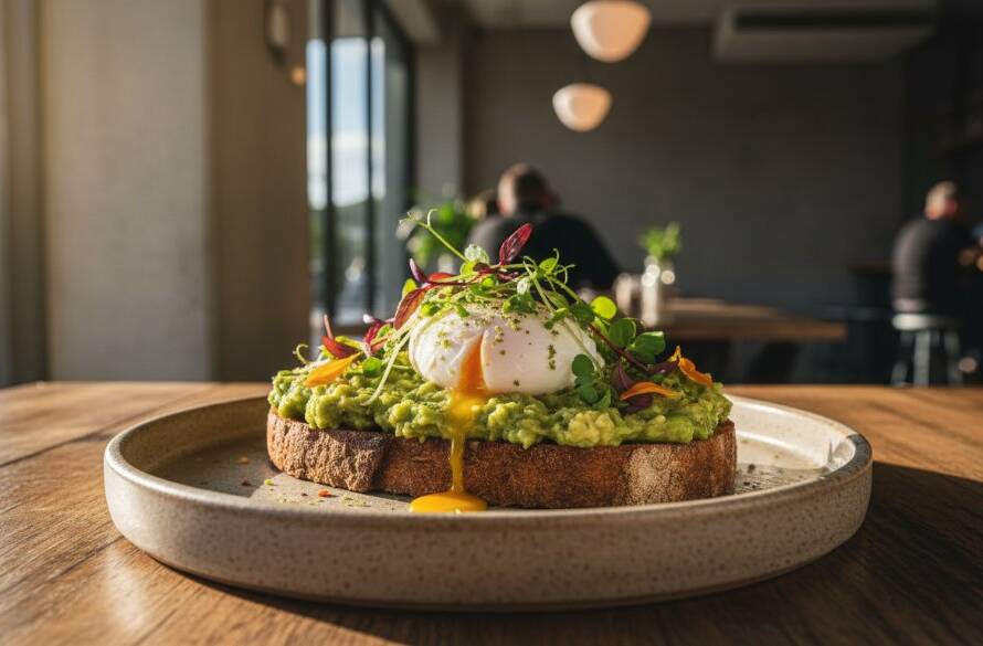 A stunning close-up shot of a beautifully plated brunch dish, possibly avocado toast with a perfectly poached egg and vibrant garnishes, captured with dramatic natural light streaming through a window in a chic Caroline Springs cafe, highlighting the textures and colours to demonstrate how Caroline Springs café food photography elevates local dining.