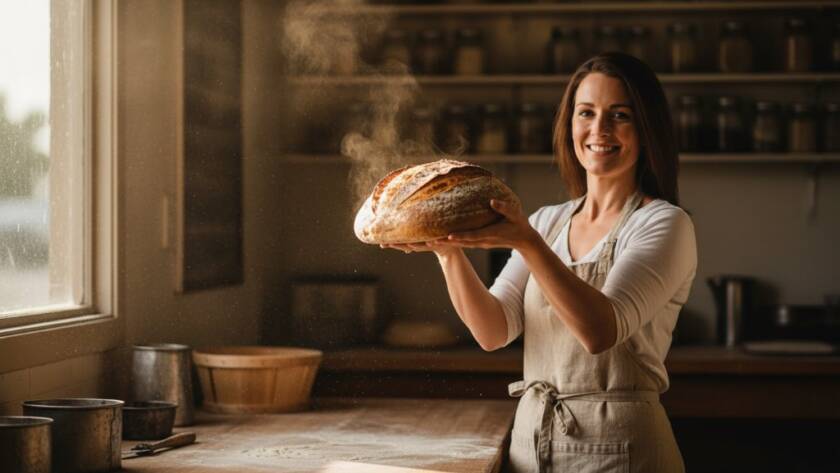 Dramatic shot capturing Caroline Springs editorial photography for authentic local stories, featuring a local artisanal baker proudly presenting a freshly baked sourdough loaf in their rustic Caroline Springs bakery, early morning light streaming through.
