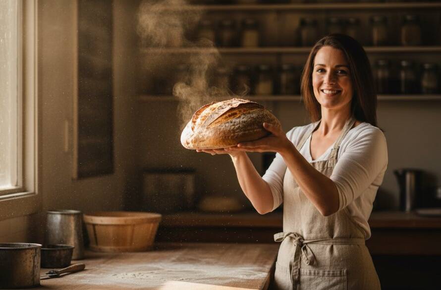 Dramatic shot capturing Caroline Springs editorial photography for authentic local stories, featuring a local artisanal baker proudly presenting a freshly baked sourdough loaf in their rustic Caroline Springs bakery, early morning light streaming through.