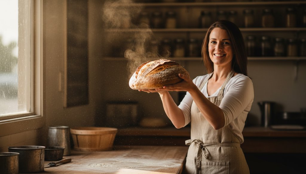 Dramatic shot capturing Caroline Springs editorial photography for authentic local stories, featuring a local artisanal baker proudly presenting a freshly baked sourdough loaf in their rustic Caroline Springs bakery, early morning light streaming through.