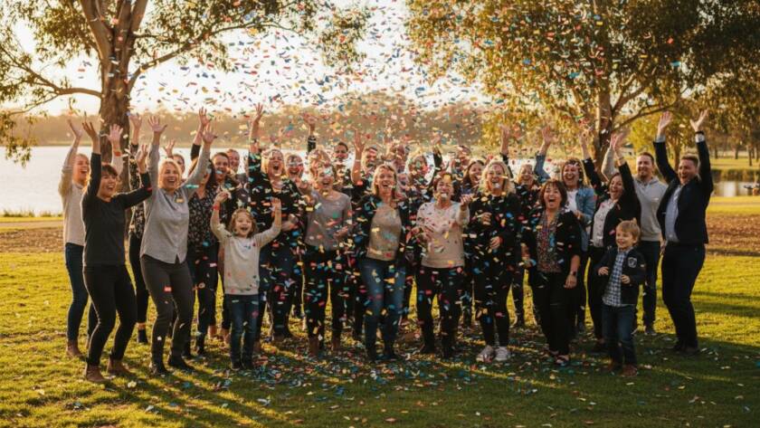 An epic moment of pure elation captured by Caroline Springs event photography capturing genuine joy, showing guests cheering with confetti falling at a vibrant outdoor celebration near the lake in Caroline Springs, Victoria, with dramatic golden hour lighting highlighting their expressions.